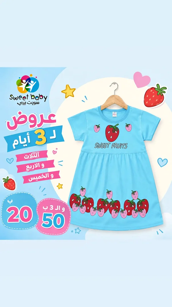 فستان أطفال صيفي بطبعة الفراولة - سويت بيبي (Sweet Baby) - ملابس أطفال - سوق غزة