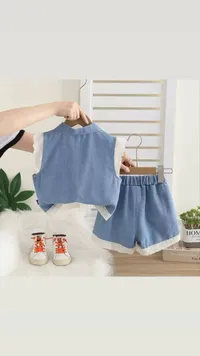 طقم جينز بناتي بياقة ودانتيل