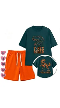 طقم تي شيرت وشورت بطبعة ديناصور - T-Rex Rider