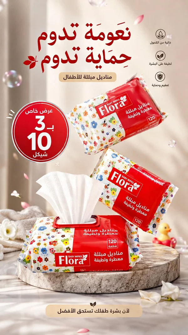 مناديل مبللة معطرة ولطيفة - فلورا (Flora) - مواد غذائية وبقالة - سوق غزة