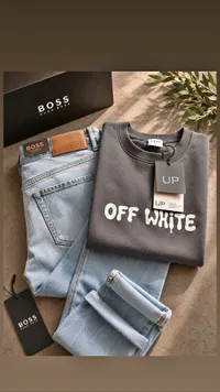 طقم ملابس رجالية - بليس (Off White) وجينز بليس (Boss)
