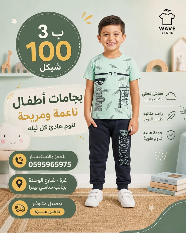 بيجامة أطفال قطنية - ويف ستور (Wave Store) - ملابس أطفال - سوق غزة