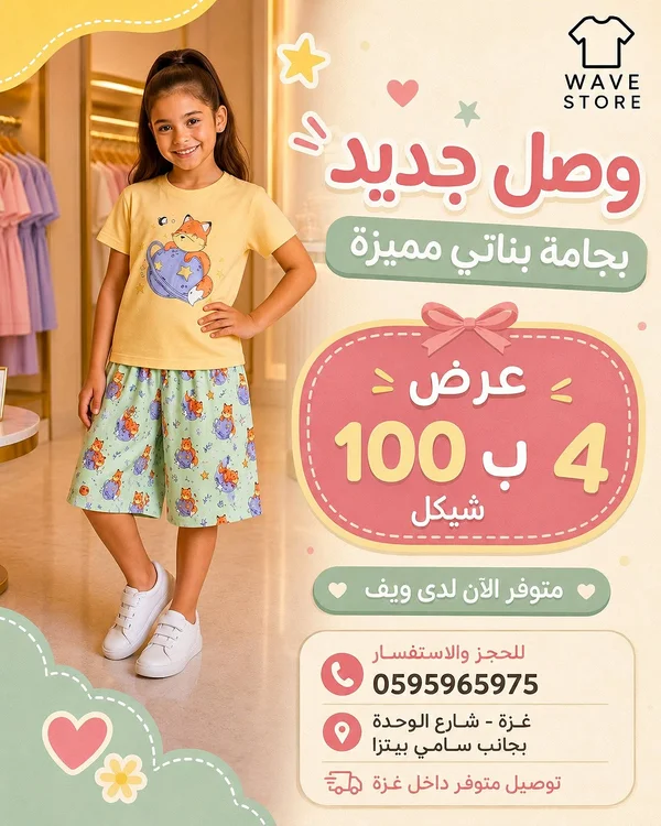 بجامة بناتي مميزة - ويف ستور (Wave Store) - ملابس أطفال - سوق غزة