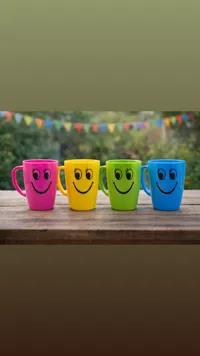 مجموعة كاسات بلاستيك ملونة برسمة الابتسامة